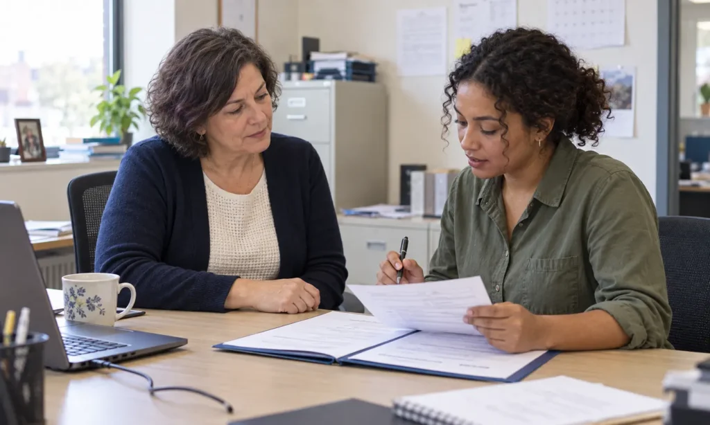 Hr professional walking a new employee through onboarding